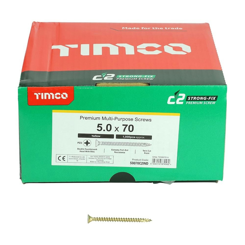 image 1 of Timco - C2 Strong-Fix Multi-Purpose Premium Screws - Industry Pack - PZ - Double Countersunk - Yellow (Size 5.0 x 70 - 1000 Pieces)