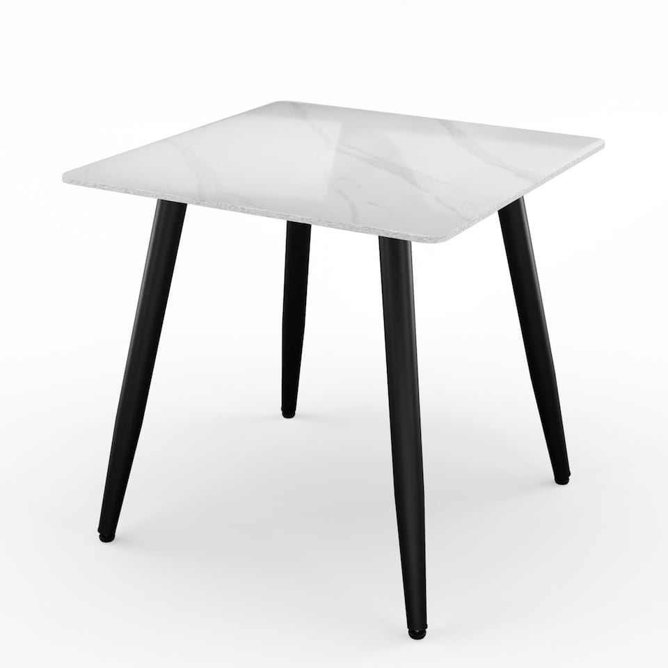 image 1 of 5-Piece Dining Set - 80cm Square Sintered Stone Table and 4 Velvet Chairs with Metal Legs | White | Gloss White & Yellow | 1