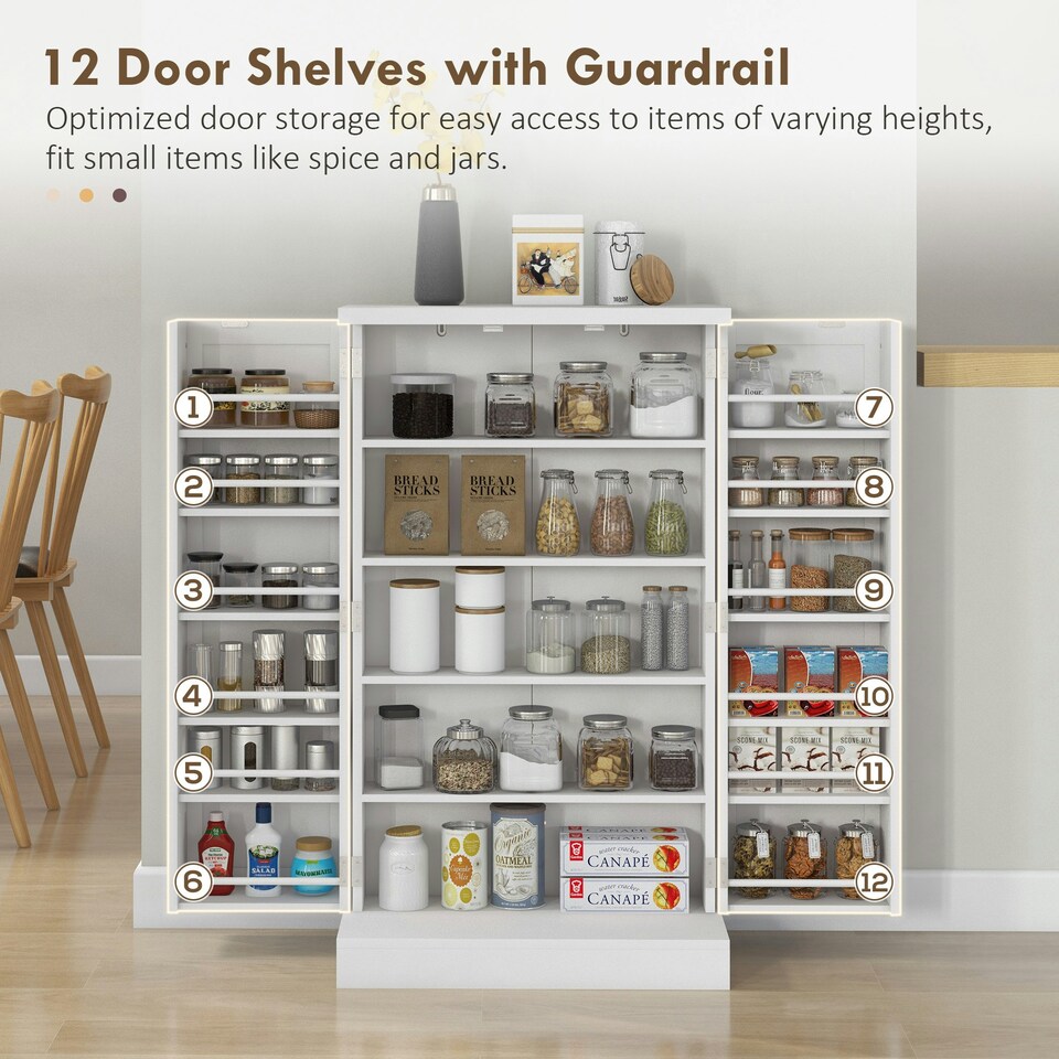 image 1 of HOMCOM Kitchen Cupboard with Double Doors, 5-Tier Shelf, 12 Spice Racks, White