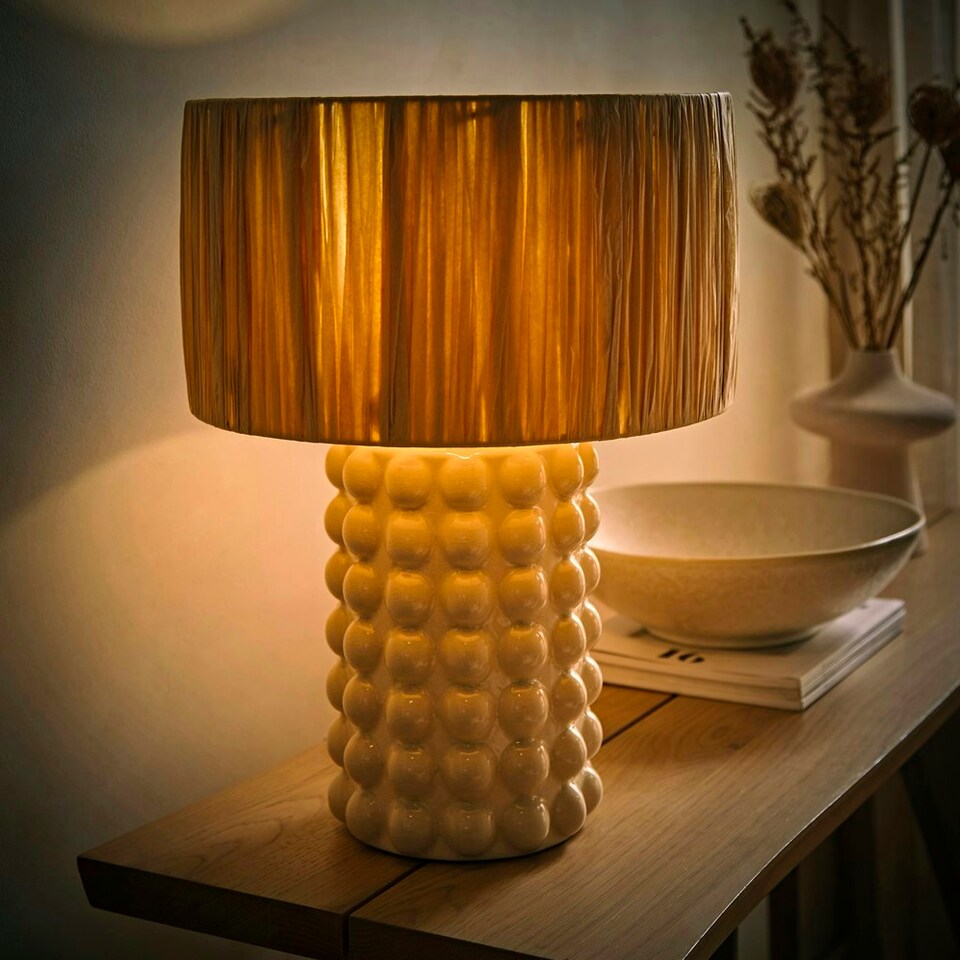 image 1 of ValueLights Kiran Ceramic Stone Bubble Table Lamp Raffia Shade