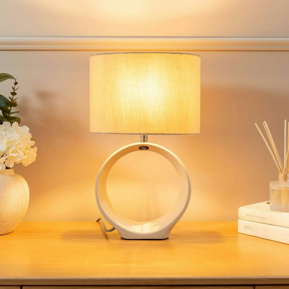 image 1 of ValueLights Tia Natural Hoop Ceramic Bedside Table Lamp with a Fabric Lampshade - Bulb Included