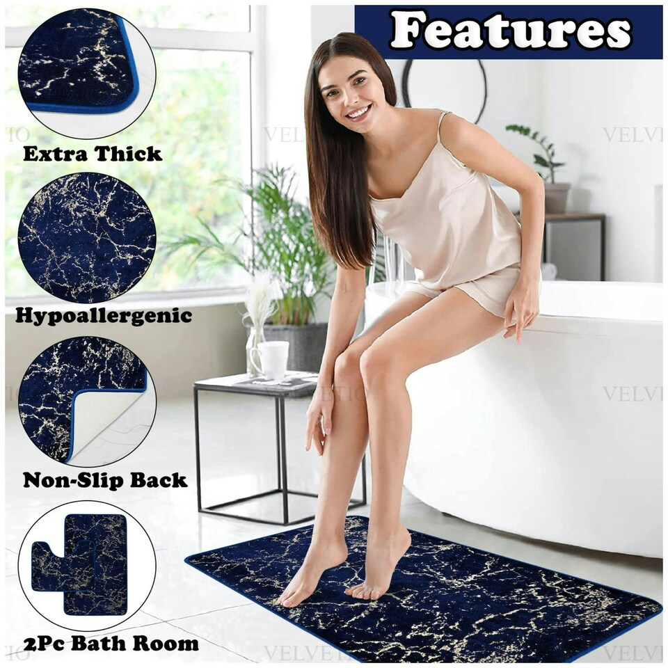 image 1 of VELVETIO Glitter Bath Mat Set Non Slip Water Absorbent Toilet Rugs Blue | Navy