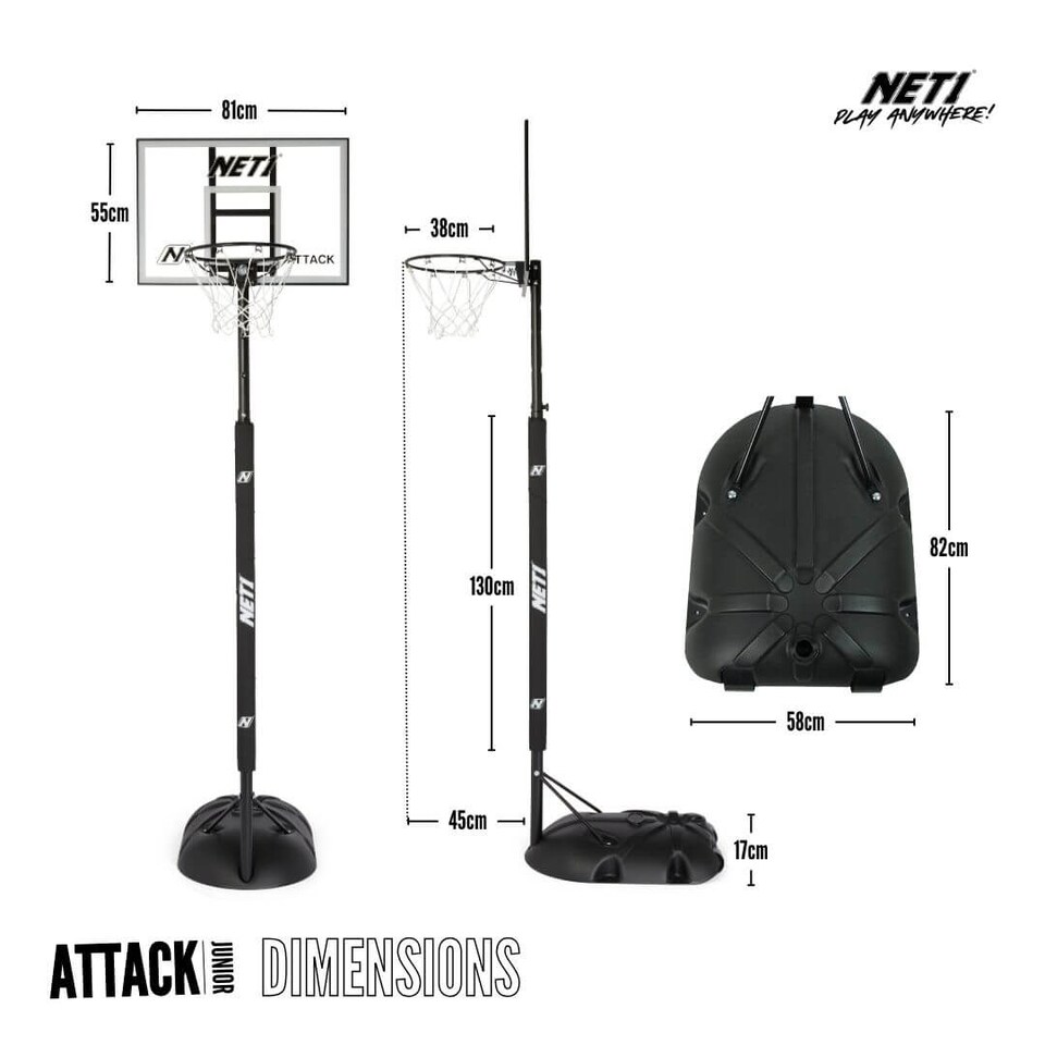 image 1 of NET1 Attack Youth Adjustable Basketball Hoop - Telescopic 2.0-2.6 m, 76 x 51 cm Polycarbonate Backboard, 38 cm Steel Rim, 38 L Portable Base (Black) | Multi | BLACK | 4396