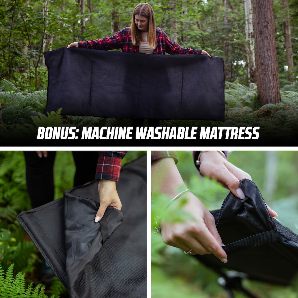 image 1 of MoverX Folding Camping Bed Single with Mattress, Heavy Duty Portable Camp Bed, Campervan, Tent, Travel Cot, Campbed, Black | Black | Portable/Travel