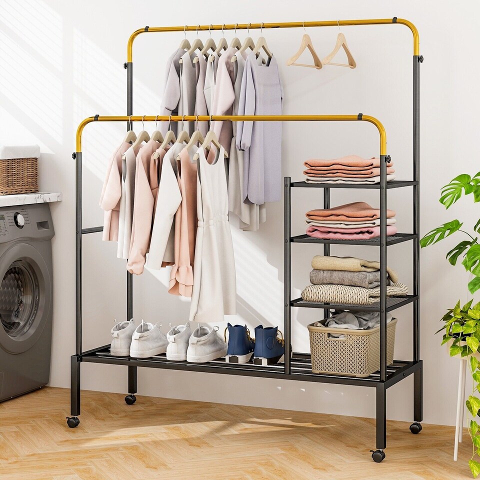 image 1 of COSTWAY Rolling Clothes Drying Rack Adjustable Double Rods Garment Rack Golden