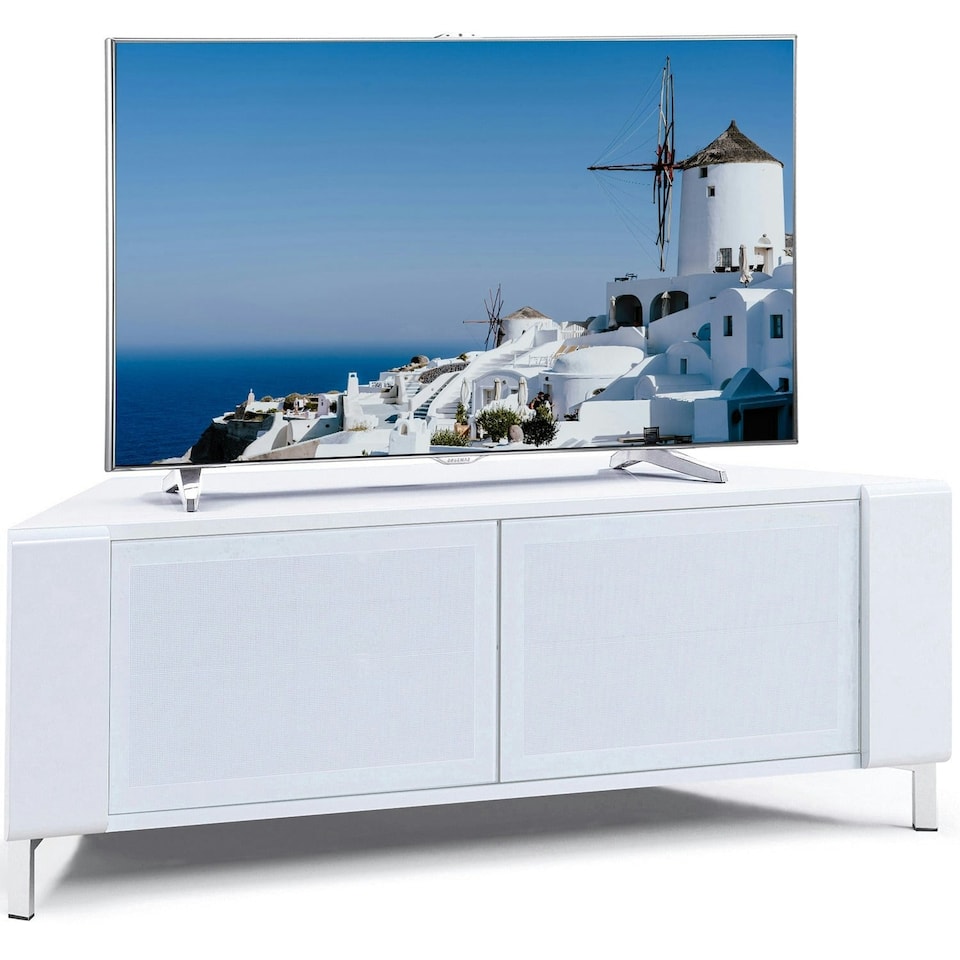 image 1 of MDA Designs CORVUS Corner-Friendly Gloss White Contemporary Cabinet with White Profiles White BeamThru Glass Doors Suitable for Flat Screen TVs up to 50" | White | 1