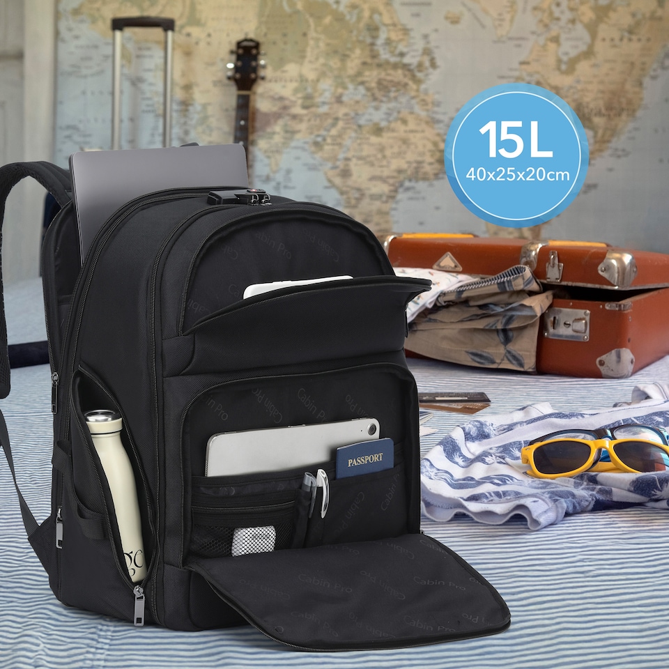 image 1 of Cabin Pro 'Stride' 40x20x25cm Ryanair Cabin Bag Underseat Backpack for Travelling TSA Approved Lock Expandable Backpack - Carry on Luggage | Black | 1