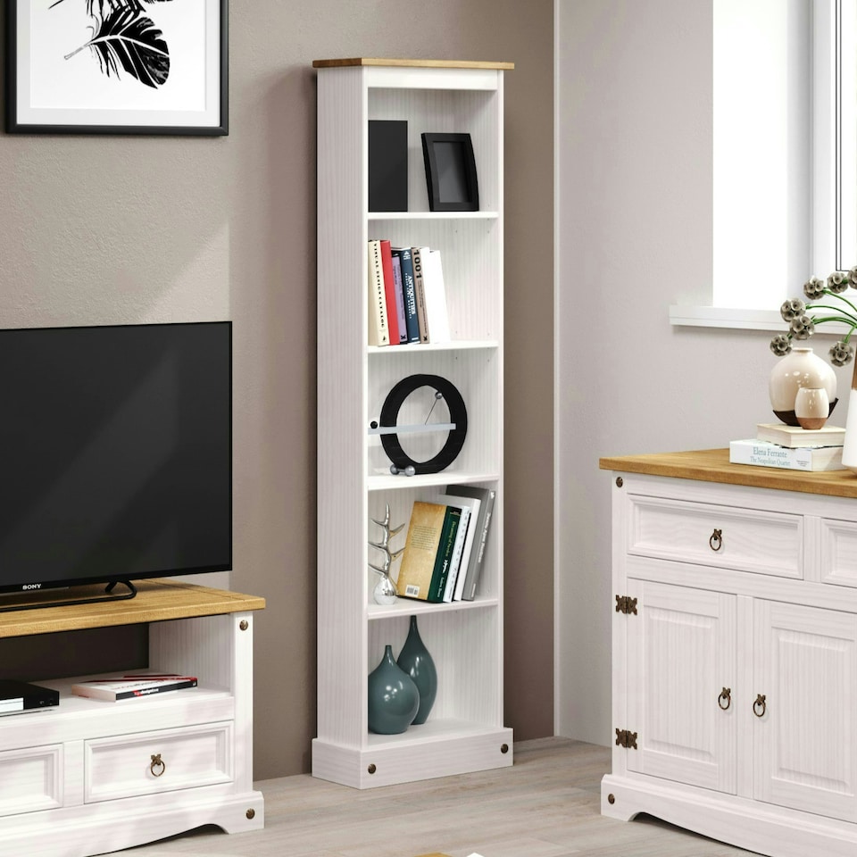 image 1 of Corona 5-Shelf Tall Narrow Bookcase - Premium Wax Top with Solid Pine Construction and Practical Shelving | White | White Wax | One Size | 1