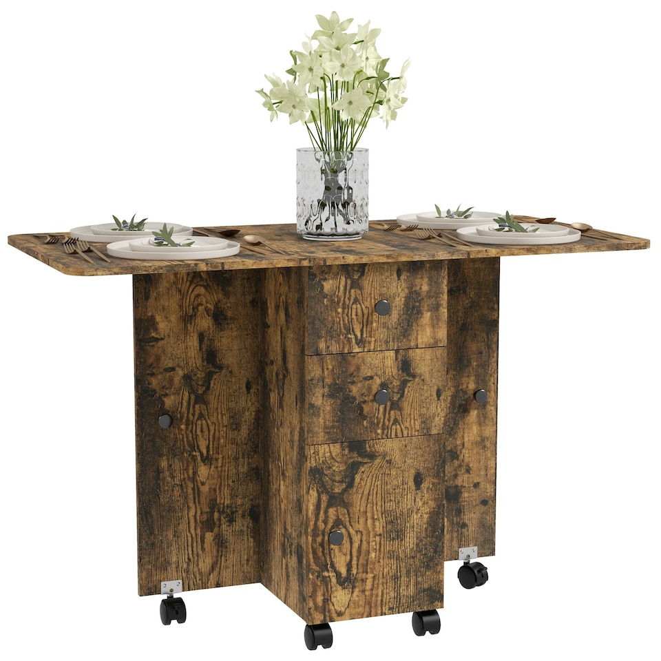 image 1 of HOMCOM Folding Dining Table, Drop Leaf Table With Drawers Rustic Brown