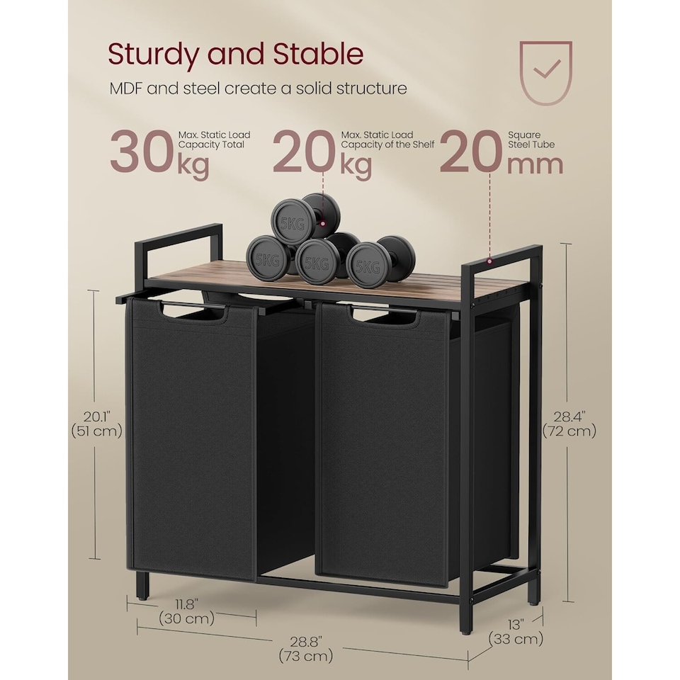 image 1 of 2-Compartment Laundry Hamper with Storage Shelf and Sorter, Camel Brown and Black