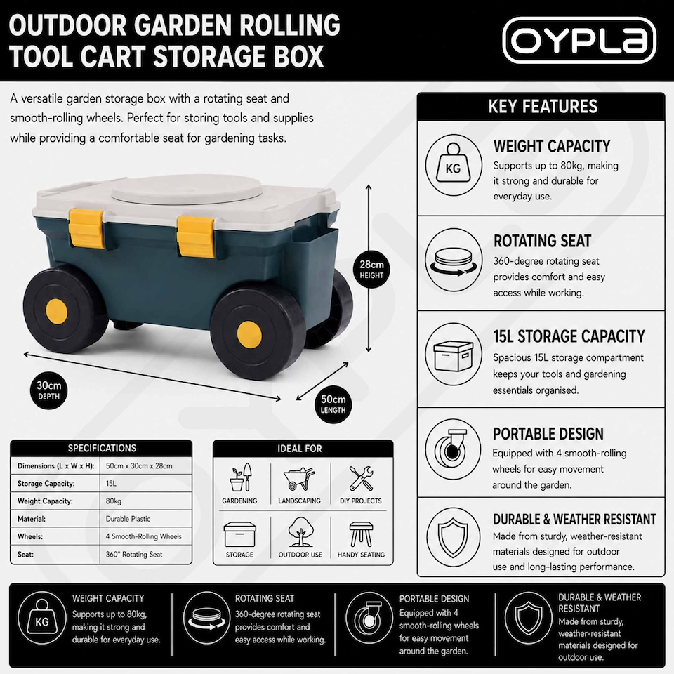 image 1 of Outdoor Garden Rolling Tool Cart Storage Box with Rotating Seat | Green