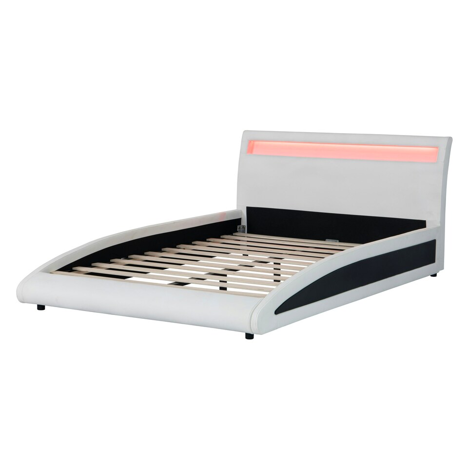 image 1 of Neptune LED Lights Headboard Gaming Style White Faux Leather Bed Frame (Double)