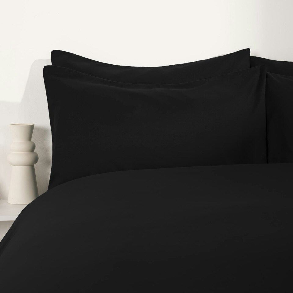 image 1 of OHS Microfibre Plain Soft Duvet Cover and Pillowcase Set, King - Black