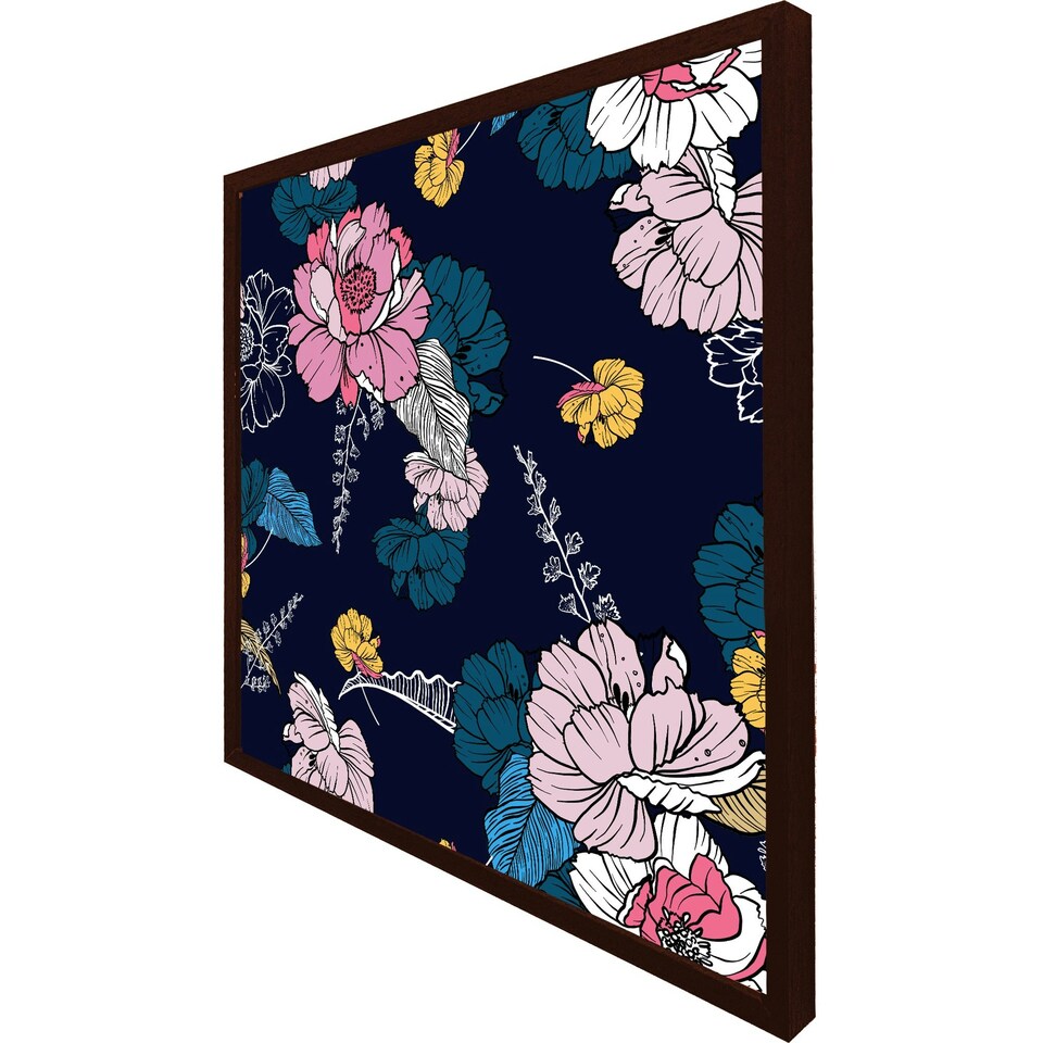 image 1 of Pink flowers on navy (Picture Frame) Grey | S