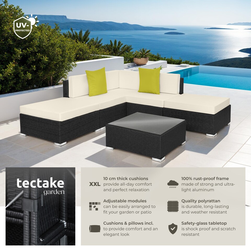 image 1 of Garden Furniture Set Paris - modular corner sofa set with coffee table, thick cushions | Black | black | 75 x 75 x 60 cm | 1