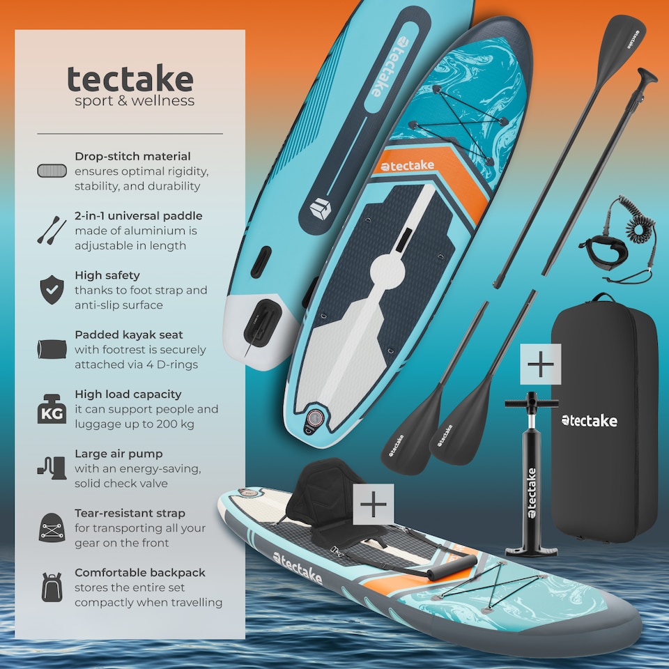 image 1 of 2-in-1 inflatable SUP kayak, with paddle, pump, backpack | Blue | turquoise/orange | 1
