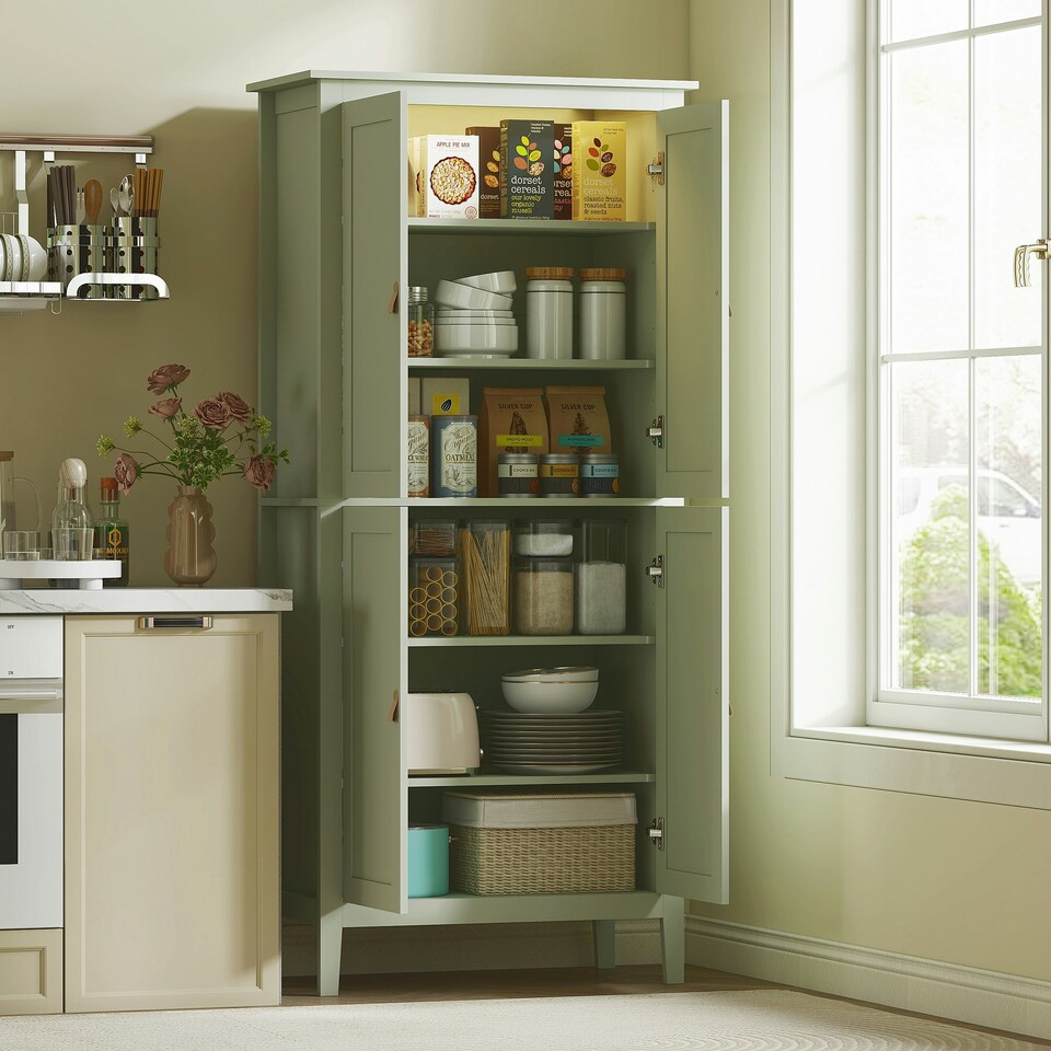 image 1 of HOMCOM 176.5 cm Tall Freestanding Pantry Storage Cabinet with 4 Doors Green White