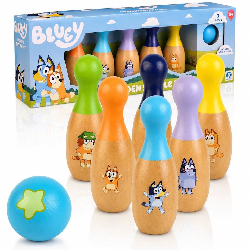 image 1 of Bluey Wooden Skittles Set 7 Piece Indoor and Outdoor Bowling Game for Kids