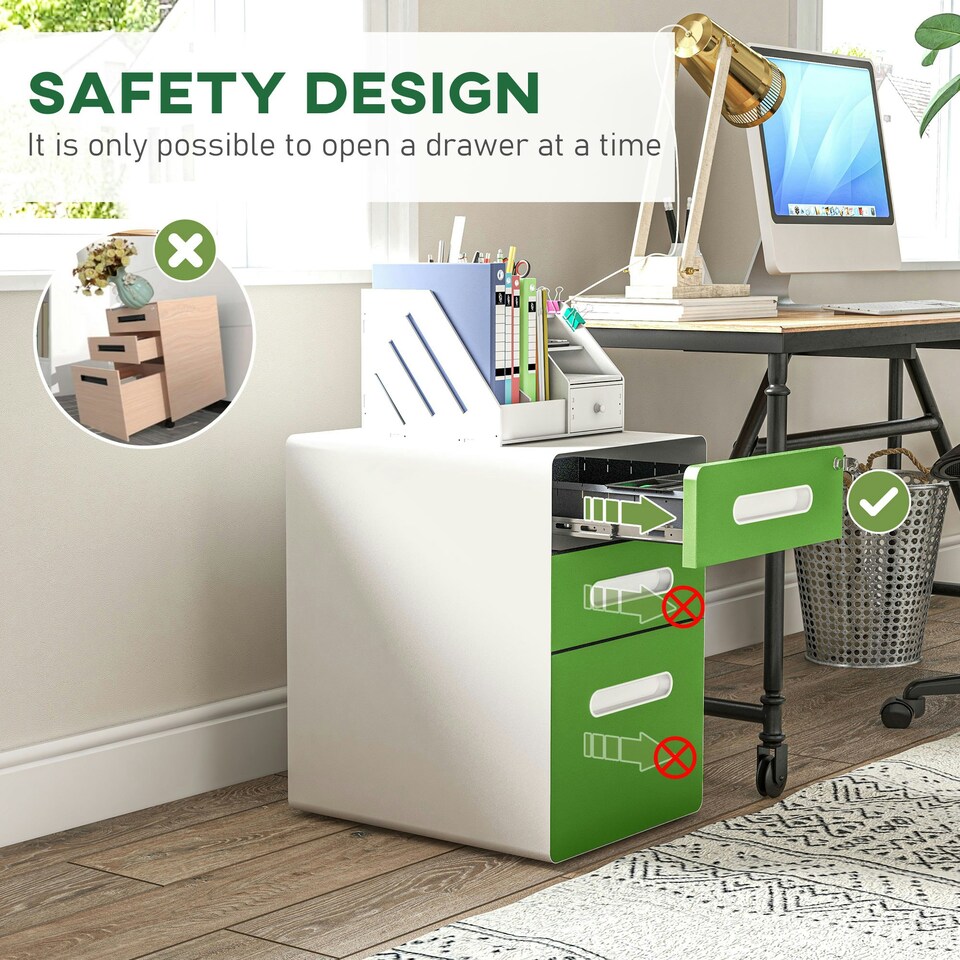 image 1 of Vinsetto 3 Drawer Modern Steel Filing Cabinet w/ 4 Wheels Lock Box Green