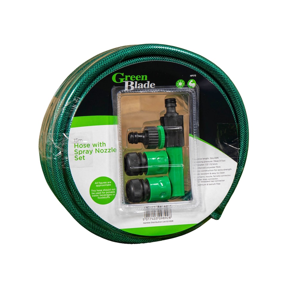 image 1 of 15m Reinforced Garden Hose Pipe / Hosepipe with Spray Nozzle Set in Green | Green | Green