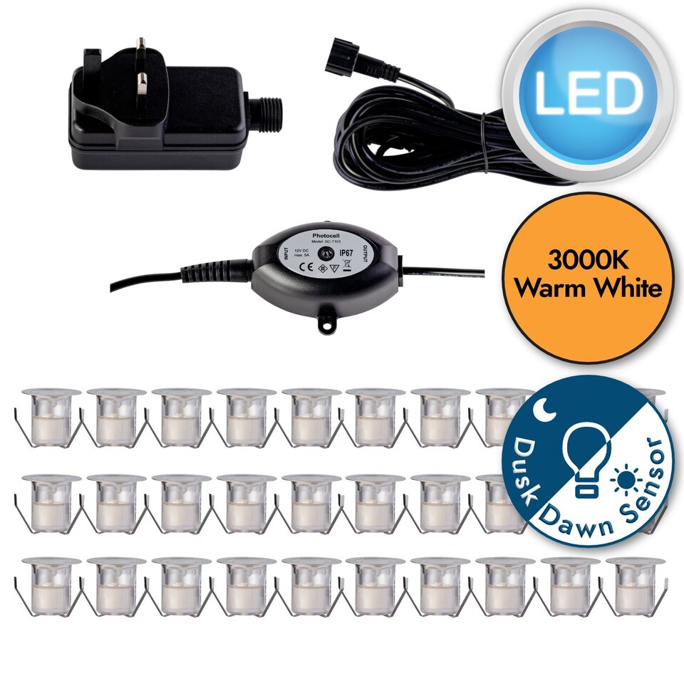 image 1 of Set of 30 - 30mm IP67 Warm White LED Decking Kit with Photocell | Chrome | Clear | 30