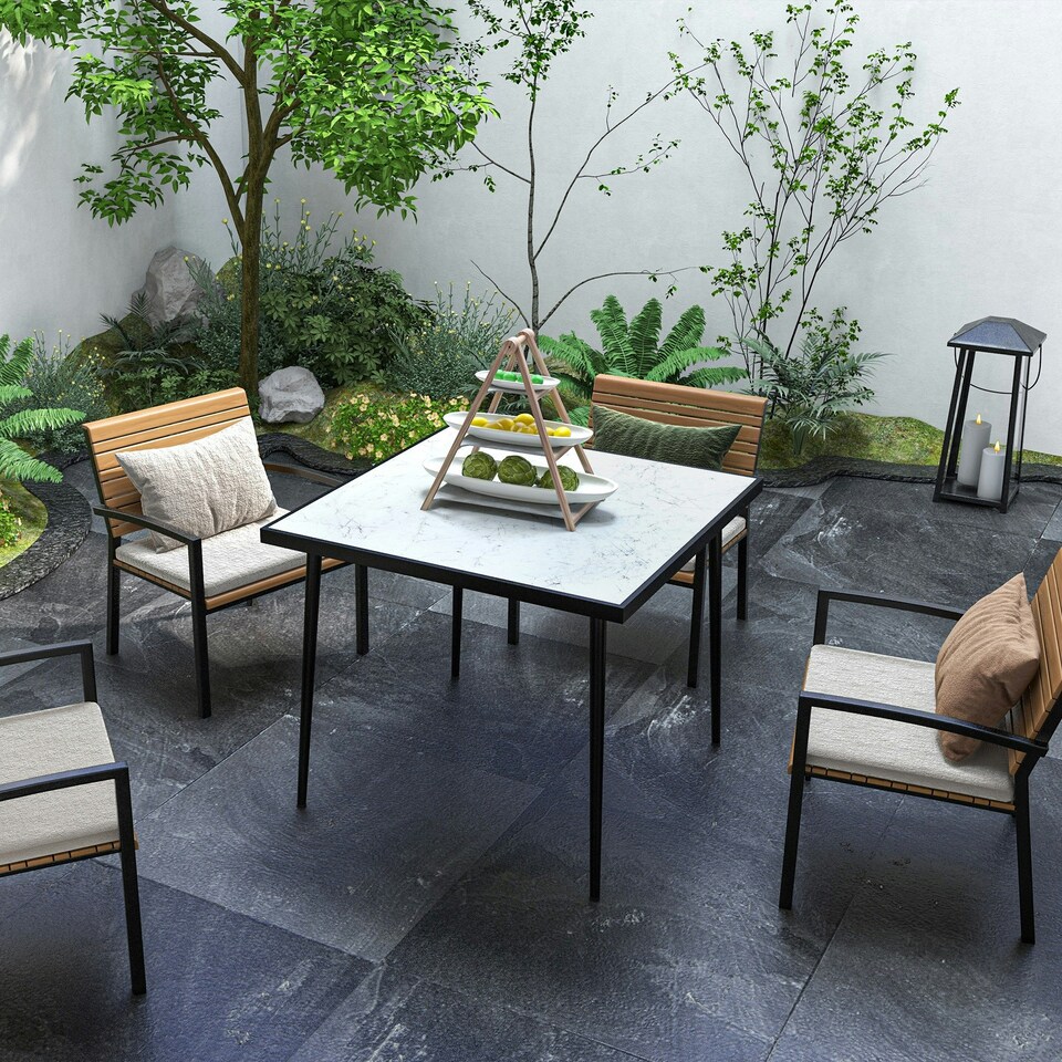 image 1 of Outsunny Outdoor Dining Table for 4 with Marble Tempered Glass Top