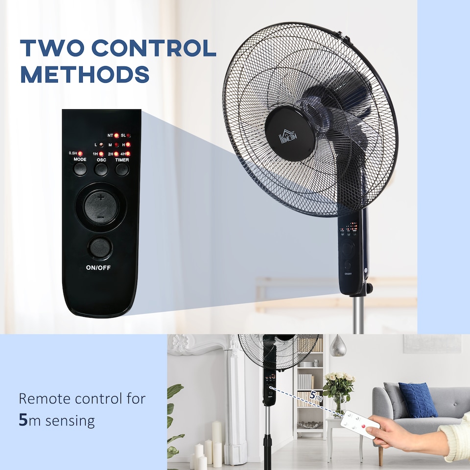 image 1 of HOMCOM 18 Pedestal Fan with Sleep Mode, Oscillating Standing Fan with 3 Modes, Remote Control, Floor Fan with Adjustable Height, 3 Speed, 7.5-Hour Timer, Black