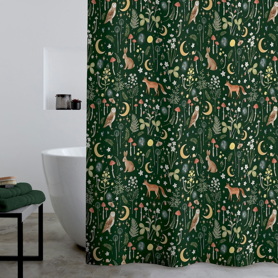 image 1 of Catherine Lansfield Enchanted Twilight Animals 180x180cm Shower Curtain Forest Green | Green | Forest Green | One Size