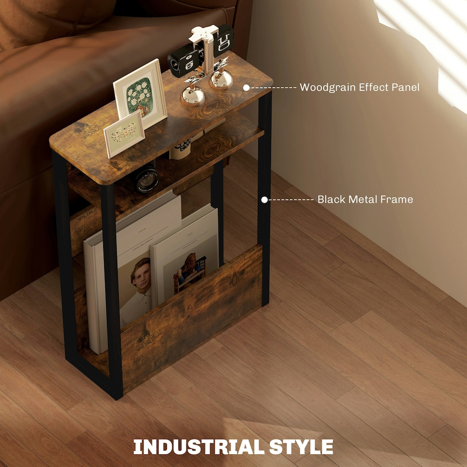 image 1 of HOMCOM Narrow Side Table with Storage, Bedside End Table, Rustic Brown 