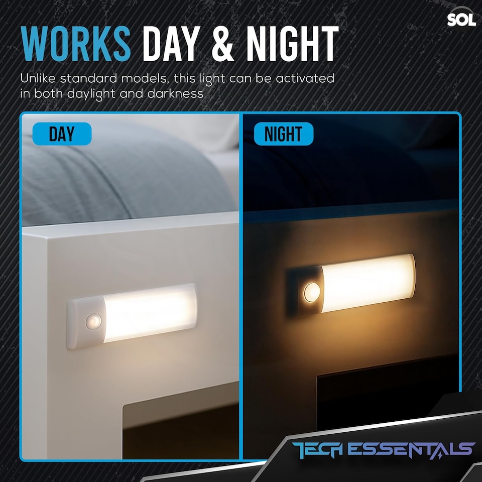 image 1 of 2pk 10cm Type-C Rechargeable Push LED Lights – Wireless Motion Sensor Strip Lights for Cupboards, Closets, Drawers, Shelves & Kitchen