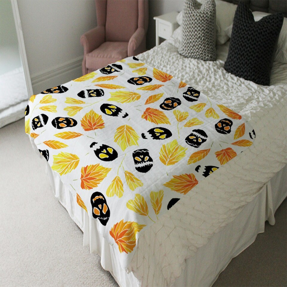 image 1 of Autumn Leaves & Halloween Skulls (Blanket)