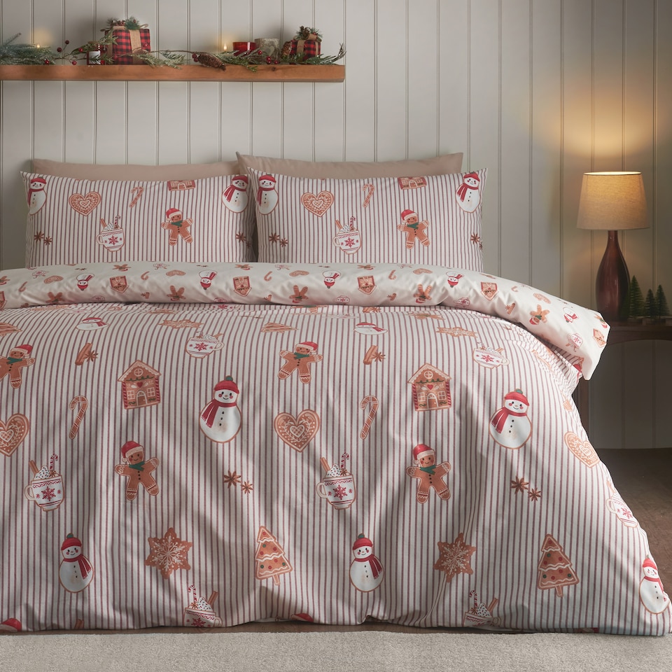 image 1 of Catherine Lansfield Christmas Gingerbread Stripe Reversible Duvet Cover Set