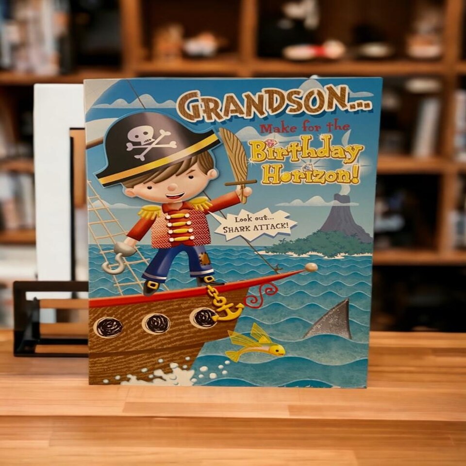 image 1 of Grandson Pirate Happy Birthday Greeting Card Look Out Shark Attack