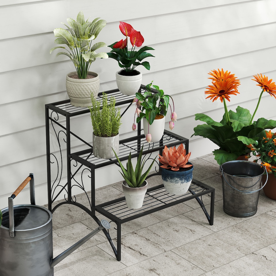 image 1 of Outsunny 3-Tier Metal Plant Stand for Garden Balcony Indoor Outdoor, Black | Black | Black