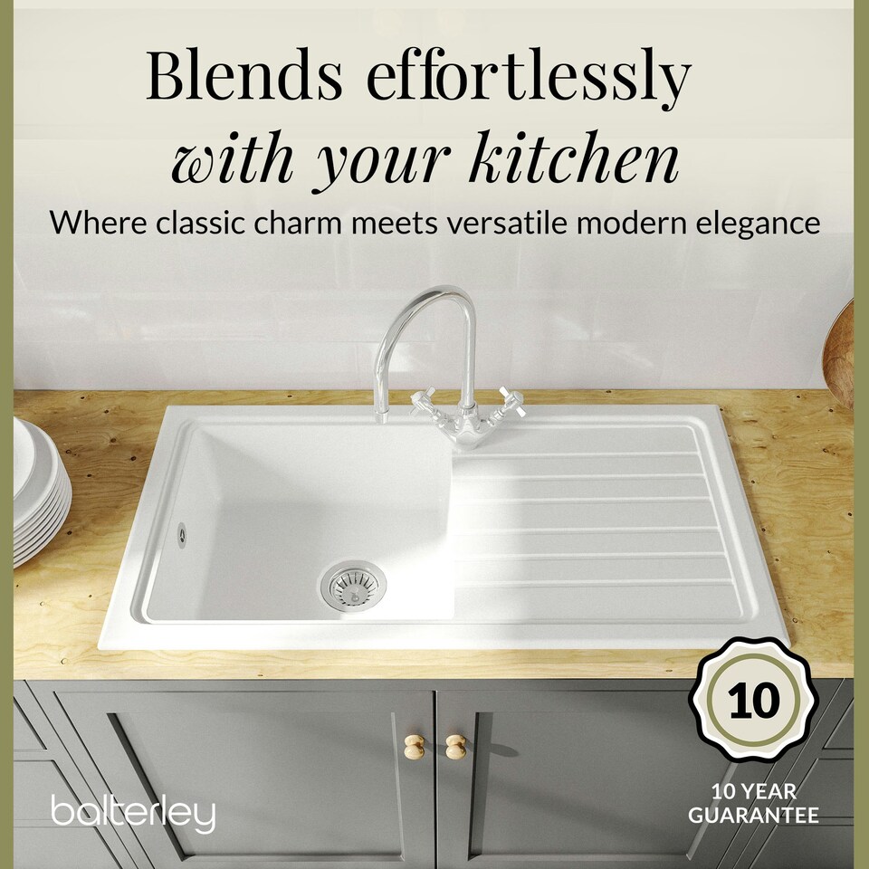image 1 of Single Bowl Fireclay Inset Kitchen Sink & Drainer, Mixer Tap & Wastes, 1010mm