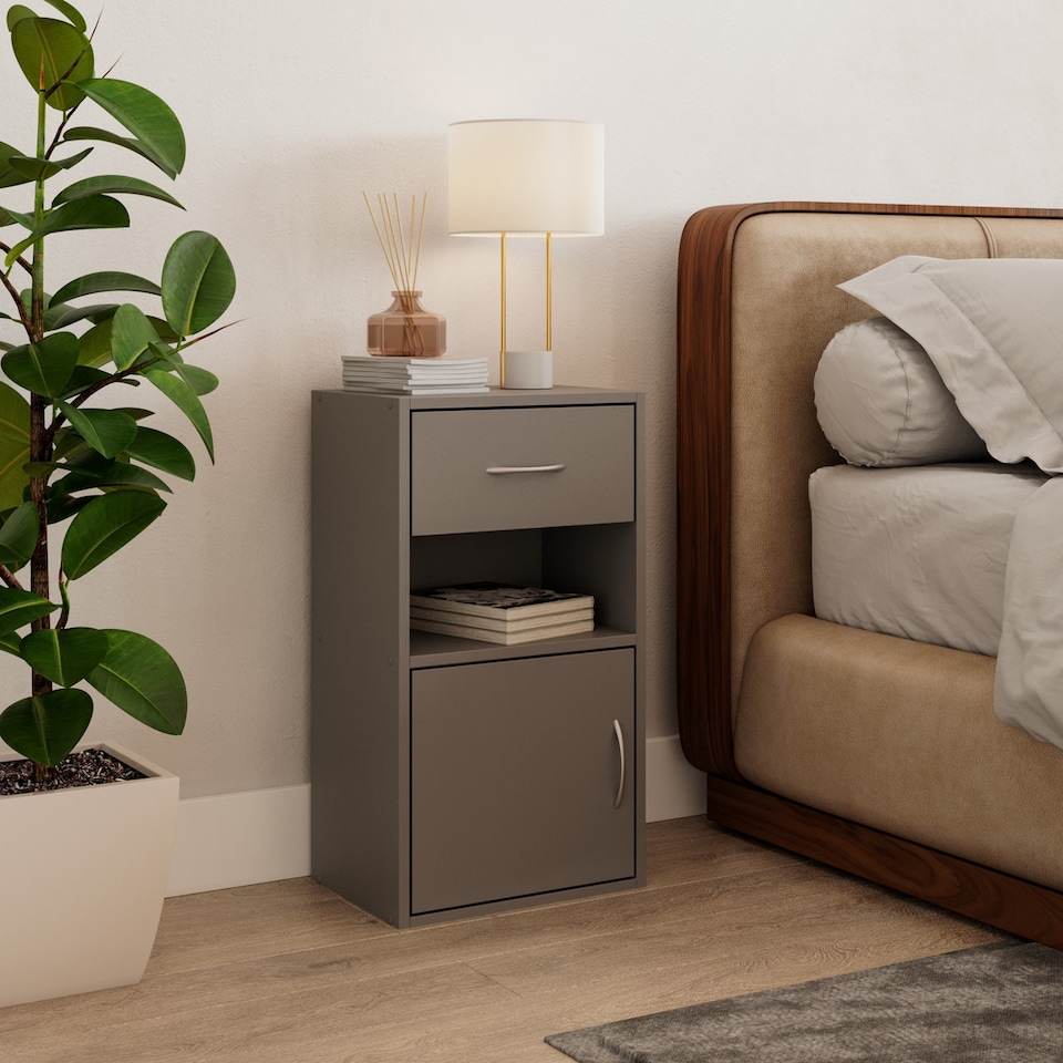 image 1 of 1-Drawer 1-Door Wooden Bedside Table | Grey | Unit Colour: Grey | 1