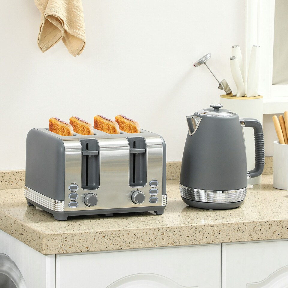 image 1 of HOMCOM 1.7L 3000W Quick Boil Kettle and 4 Slice Toaster Set Crumb Tray Grey