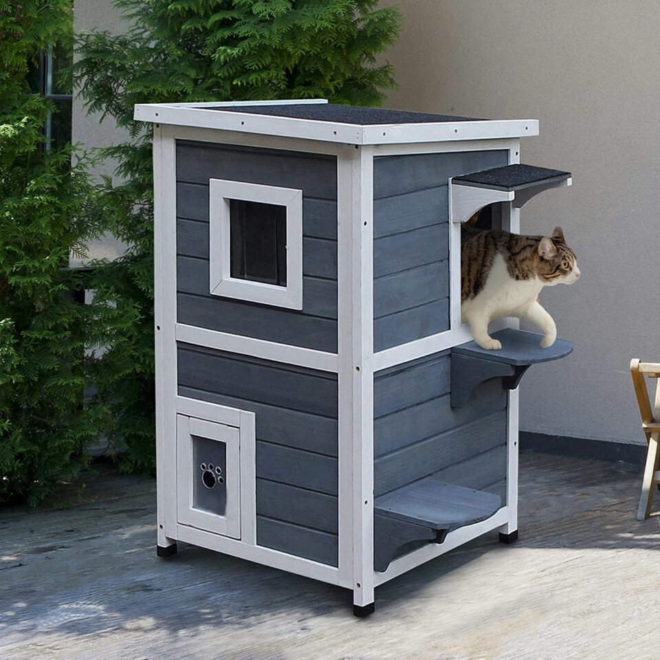 image 1 of PawHut Wood 2-Floor Cat Condo Pet House Kitten Shelter with Window - Gray