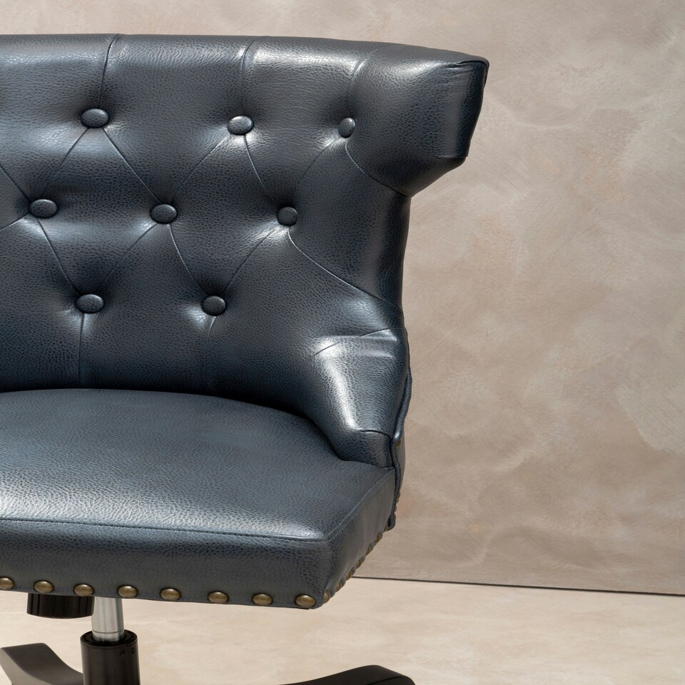 image 1 of Interiors by Premier Black Leather‑Effect Office Chair, Tufted Wingback Seat with Studded Trim, Height‑Adjustable Swivel Chair Black