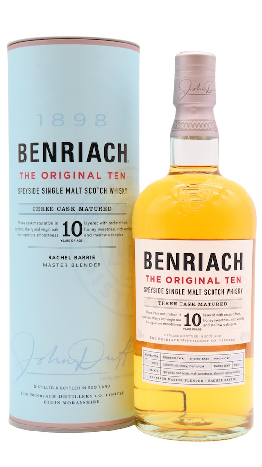 image 1 of Benriach - The Original Ten Speyside Single Malt Scotch 10 year old Whisky | Multi | Medium Gold | Warm toasted oak spices flood through green apple skins and dried apricots, ripening to hints of peach and soft bananas with contrasting touches of aniseed and lemon zest. | 1