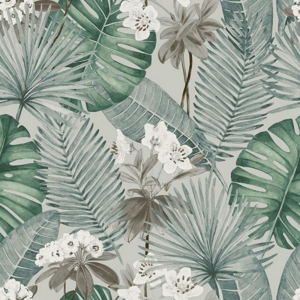 image 1 of Muriva Eden Leaves Wallpaper - Grey - 32.8ft x 53cm Grey