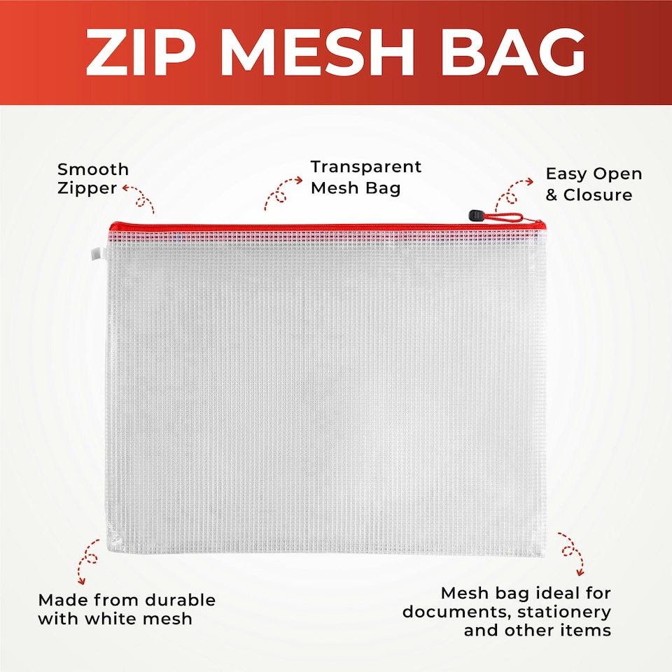 image 1 of Pack of 12 A5 Red Zip Strong Mesh Bags - Tough Waterproof Storage