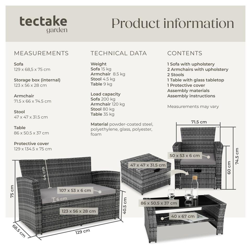 image 1 of Garden Furniture Set Modena- sofa with storage, armchairs, stools, coffee table | Grey | grey | 129 x 68,50 x 75 cm | 1