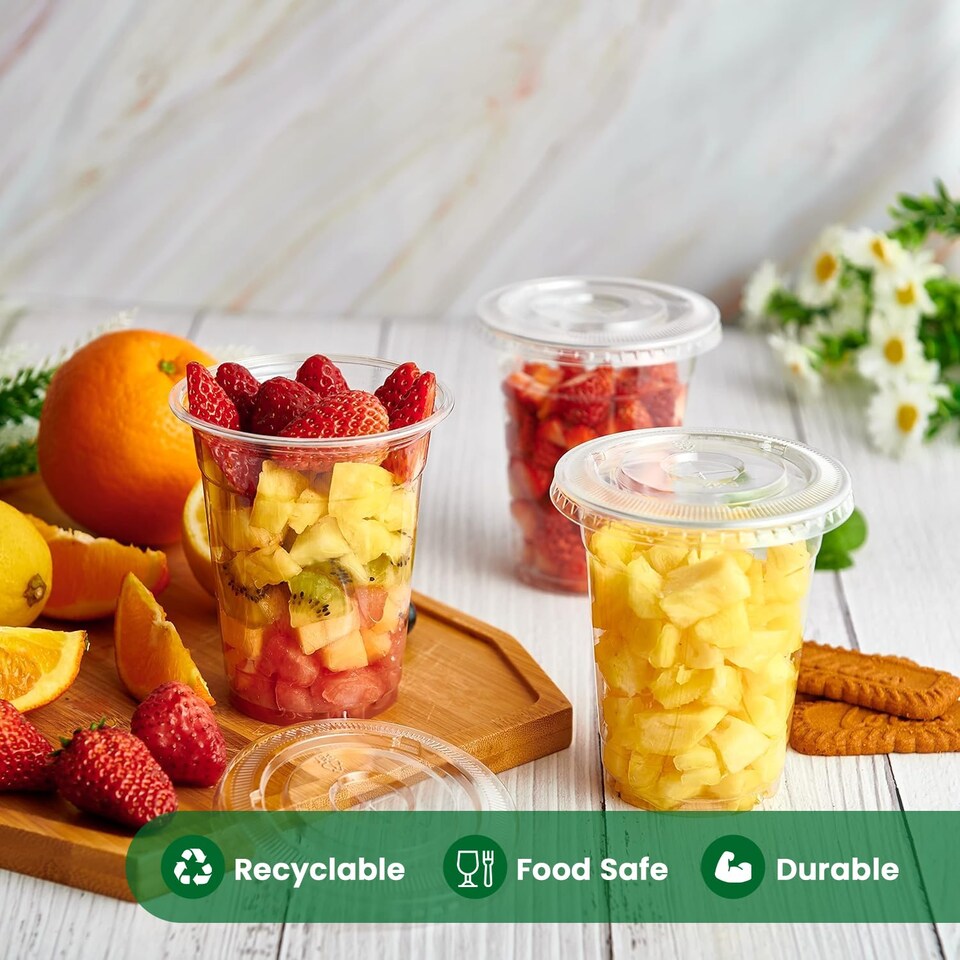 image 1 of ECONX 100 X Smoothie Cups with Flat Lids 12oz Clear Plastic Cups Reusable for Smoothies, Juice, Milkshakes