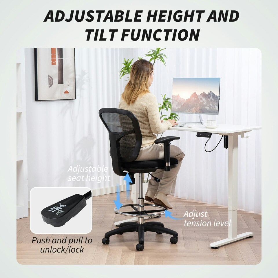 image 1 of HOMCOM Drafting Stool Chair with Adjustable Armrest for Standing Desk, Black Black