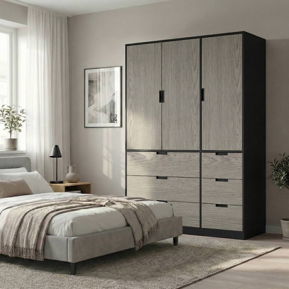image 1 of RIGA 3 Door 6 Drawer Wardrobe | Black | Black & Cedar Grey | 10 x 44.5 x 79 | 1