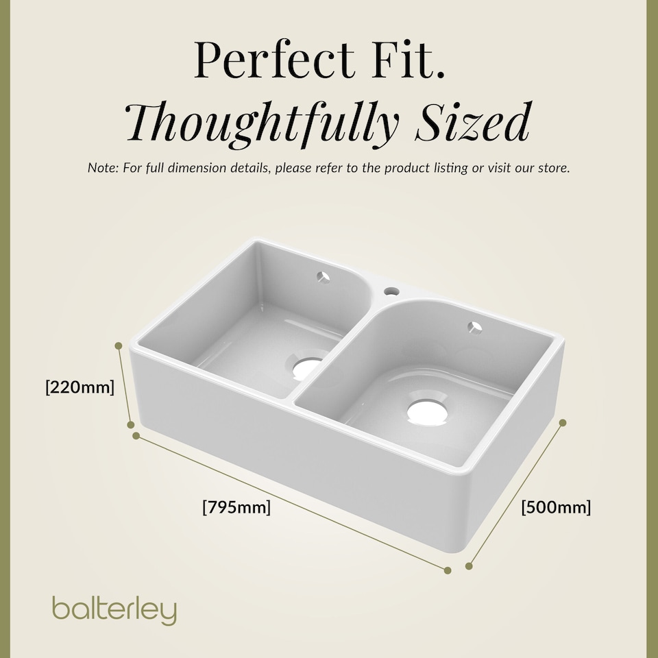 image 1 of Fireclay Double Bowl Full Weir Butler Sink Overflow Tap Hole 795mm | White | White | 500 x 795 x 220mm | 1