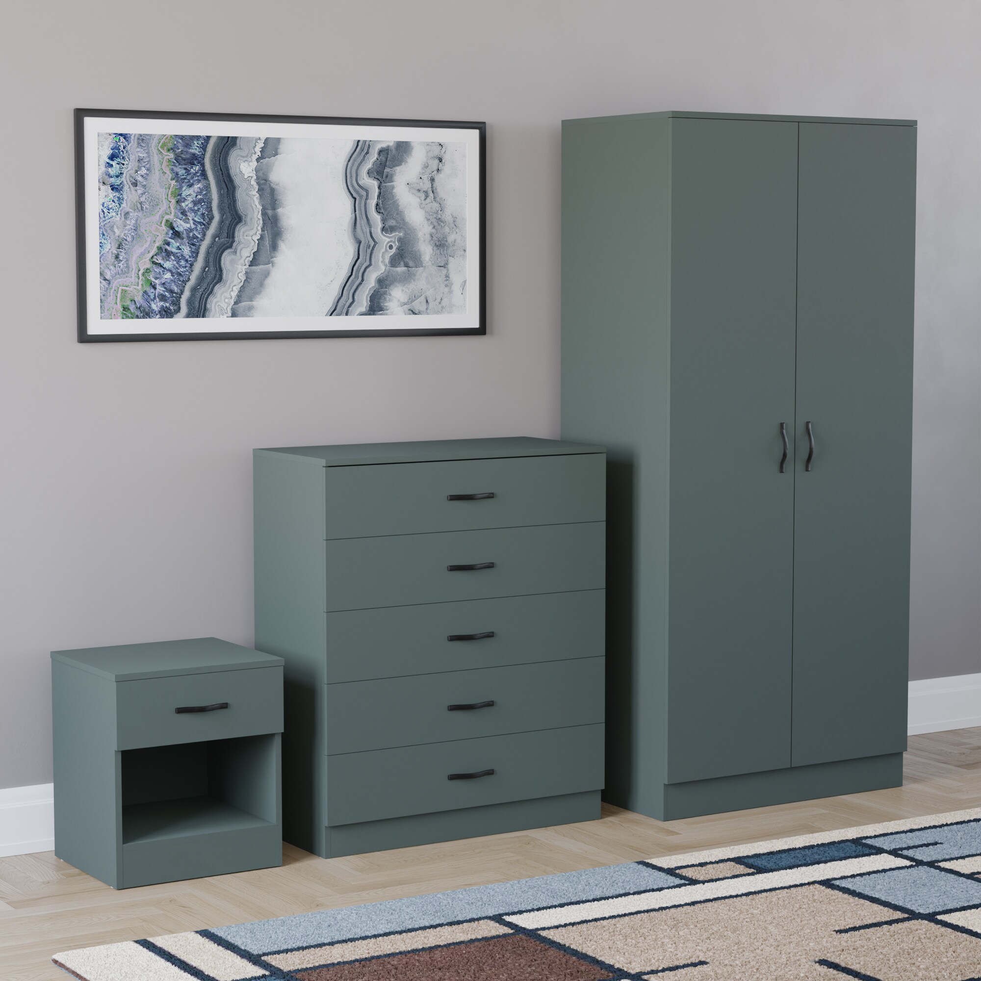 Vida Designs Riano 3 Piece Bedroom Set (1 Drawer Bedside Chest, 5 Drawer Chest, 2 Door Wardrobe) - Green