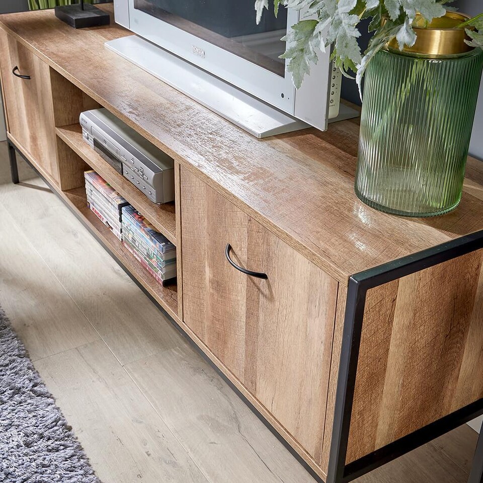 image 1 of TV Unit Media Stand Storage Cabinet Modern Oak Finish Cupboard and Shelf Storage | Brown