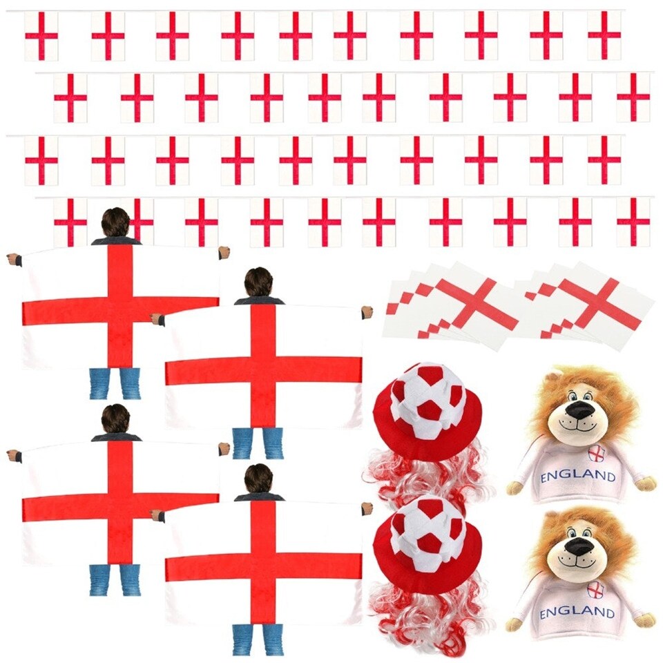 image 1 of Pack of 1 18 Piece England Set - Bunting, Flag Capes, Tattoos, Football & Hats Red | One Size